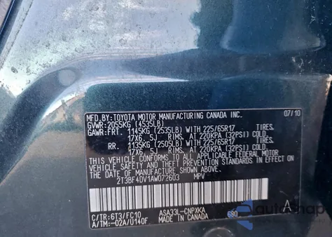 2010 Toyota Rav4 from USA, damaged, VIN 2T3BF4DV1AW072603